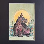 original gouache painting of hippo with a small bird on his head