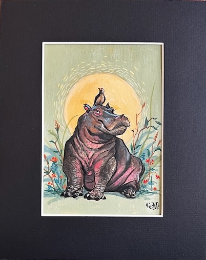 original gouache painting of hippo with a small bird on his head