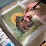 original gouache painting of hippo with a small bird on his head