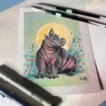 original gouache painting of hippo with a small bird on his head
