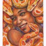 A portrait of a Gorgon smiling. The snakes are orange-color pythons. She has brown skin and has a lovely smile on her face.