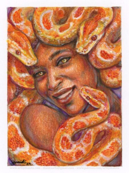 A portrait of a Gorgon smiling. The snakes are orange-color pythons. She has brown skin and has a lovely smile on her face.