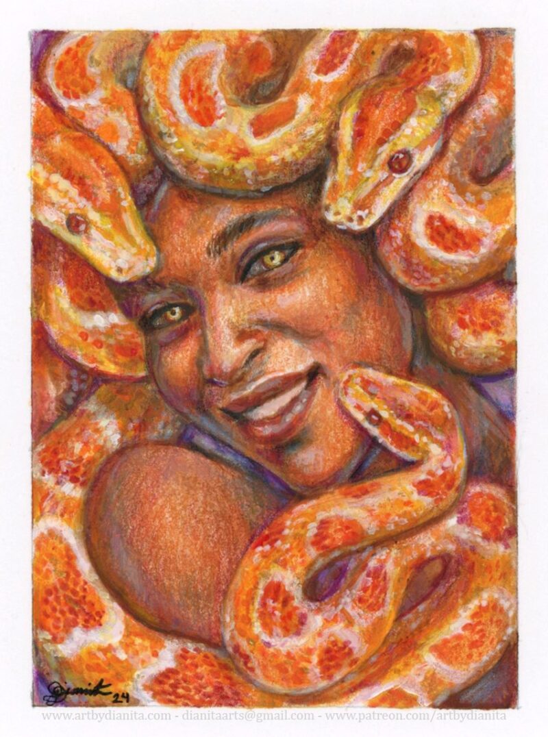 A portrait of a Gorgon smiling. The snakes are orange-color pythons. She has brown skin and has a lovely smile on her face.