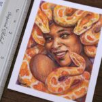 A portrait of a Gorgon smiling. The snakes are orange-color pythons. She has brown skin and has a lovely smile on her face.