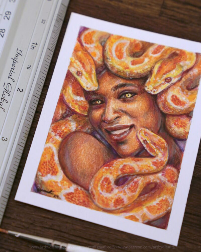 A portrait of a Gorgon smiling. The snakes are orange-color pythons. She has brown skin and has a lovely smile on her face.