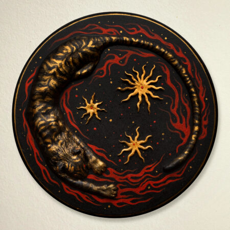 A relief sculpture of a tiger surrounded by flames and stars on a round wooden board on a light background.