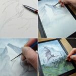 A series of images showing the progression of the painting. Top left is the initial sketch transfer, then the background mountains being painting in the 2nd image. The bottom left shows the dragon being partially painted, and the bottom right is the progression of the trees being added.