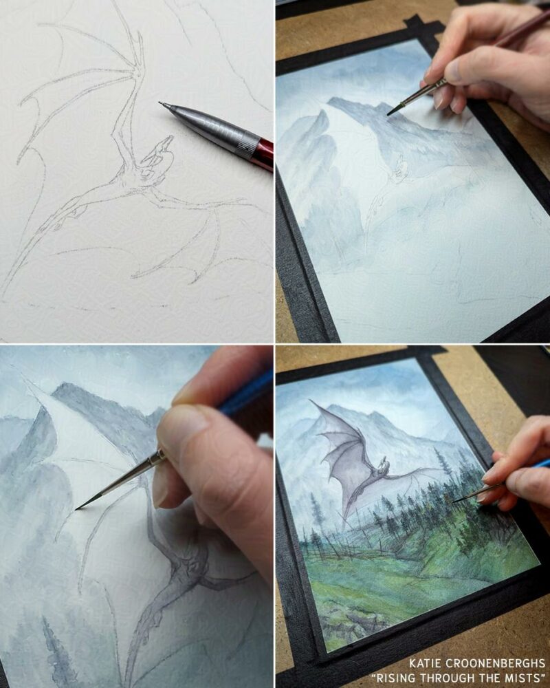 A series of images showing the progression of the painting. Top left is the initial sketch transfer, then the background mountains being painting in the 2nd image. The bottom left shows the dragon being partially painted, and the bottom right is the progression of the trees being added.