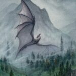 A dark gray dragon rises up through the foggy forested hillside with a mountain and cloudy sky in the background.
