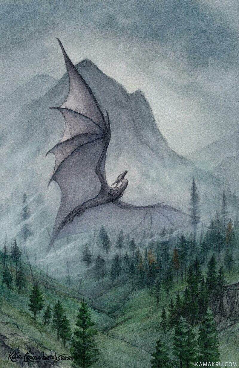 A dark gray dragon rises up through the foggy forested hillside with a mountain and cloudy sky in the background.