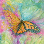 Watercolor of a monarch butterfly. It's orange with one wing looking like it's breaking apart.