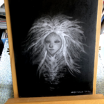 portrait of a woman with branch like hair, geometric shapes carved on her face, and dark skin around her closed eyes