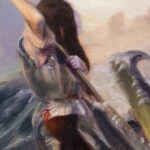 Close up of a girl’s chest plate armour and hands, gripping the spear. Painted in oil