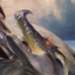 Close up of an oil painting featuring a dragon’s head. An interpretation through crocodile-like features, painted in oil