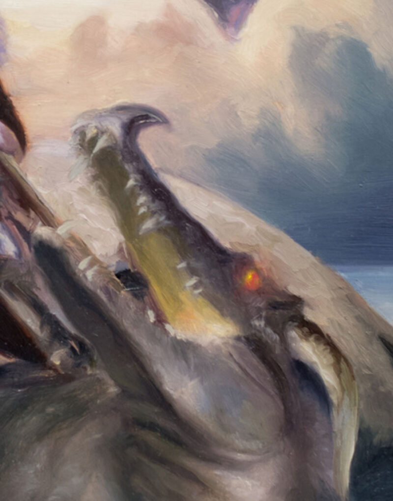 Close up of an oil painting featuring a dragon’s head. An interpretation through crocodile-like features, painted in oil