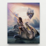 View of an oil painting hanging on a wall. The piece features a girl wearing armour from a medieval knight’s suit, impaling a dragon through the mouth with a spear