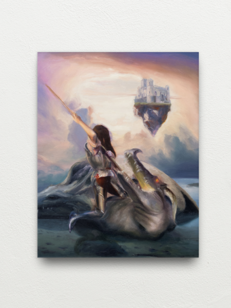 View of an oil painting hanging on a wall. The piece features a girl wearing armour from a medieval knight’s suit, impaling a dragon through the mouth with a spear