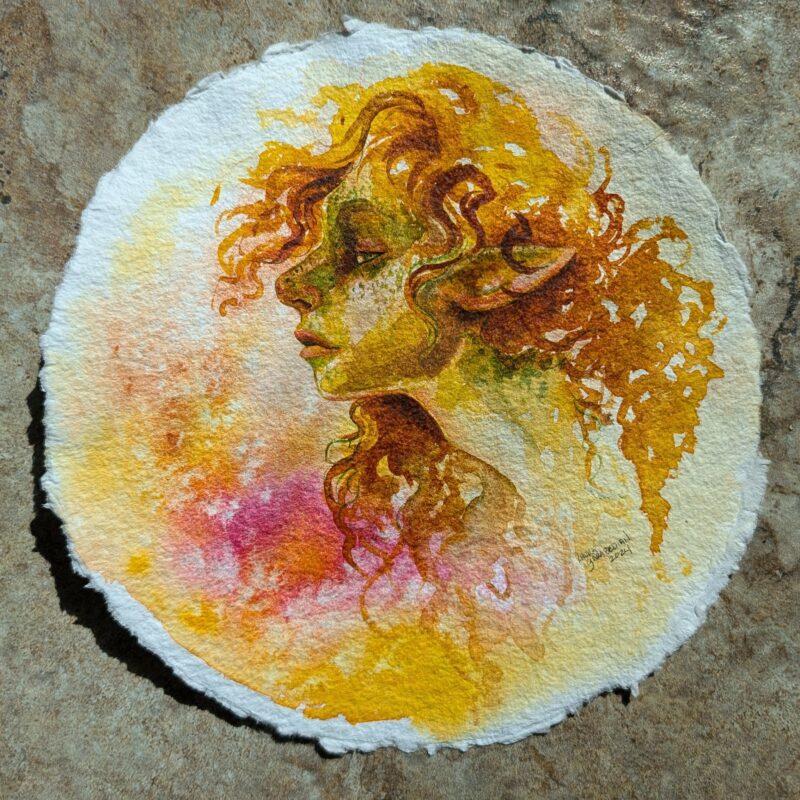 "Autumn Fae" by Laura Garabedian - watercolor painting of a fae woman's portrait in profile with curlly auburn hair looking side eye at the viewer on an abstracted background of golds and pinks