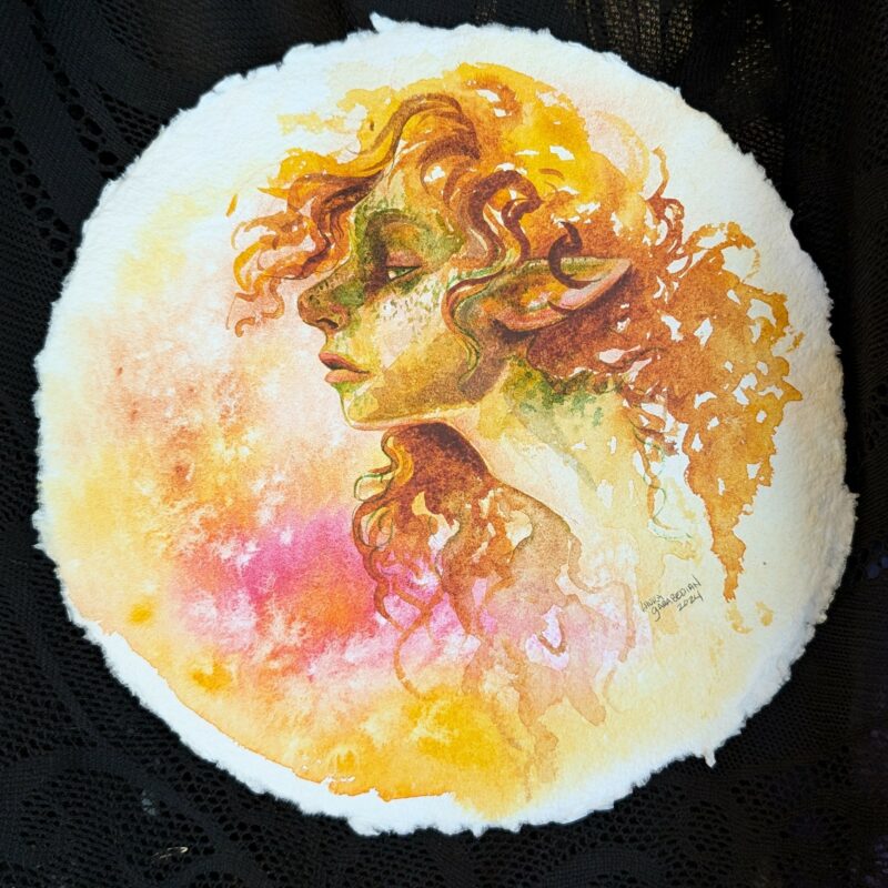 "Autumn Fae" by Laura Garabedian - watercolor painting of a fae woman's portrait in profile with curlly auburn hair looking side eye at the viewer on an abstracted background of golds and pinks