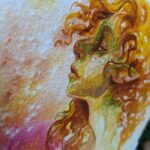 "Autumn Fae" by Laura Garabedian - watercolor painting of a fae woman's portrait in profile with curlly auburn hair looking side eye at the viewer on an abstracted background of golds and pinks
