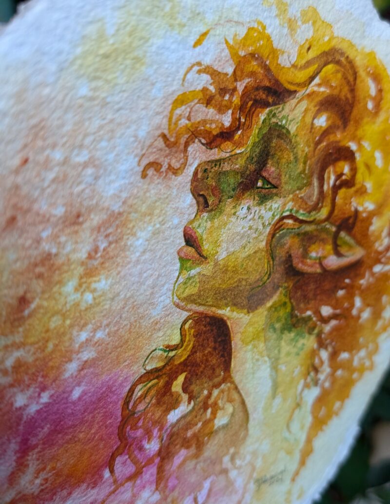 "Autumn Fae" by Laura Garabedian - watercolor painting of a fae woman's portrait in profile with curlly auburn hair looking side eye at the viewer on an abstracted background of golds and pinks