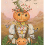 The Pumpkin Queen is holding a small pumpkin while wearing a german style traditional dress, The sky and trees are in the background.
