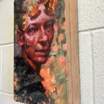 Mixed media portrait of a variant of Hellboy, but with a Tilda Swinton influence from the side.