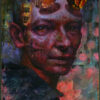Mixed media portrait of a variant of Hellboy, but with a Tilda Swinton influence.