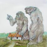 Watercolor of two trolls in a landscape discussing something offstage