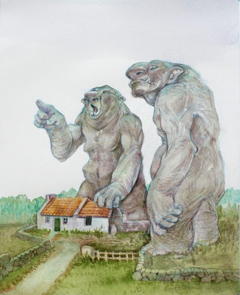 Watercolor of two trolls in a landscape discussing something offstage