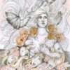 A woman ripping away a fabric from her skin. The fabric has faces and flowers. Her hair flows freely and birds are coming out of it