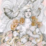 A woman ripping away a fabric from her skin. The fabric has faces and flowers. Her hair flows freely and birds are coming out of it