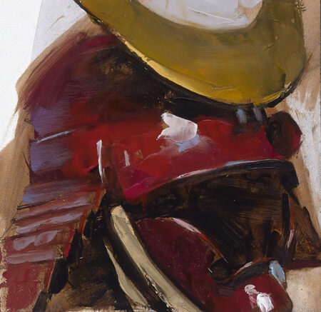 Greg Manchess oil painting of a red Samurai helmet.