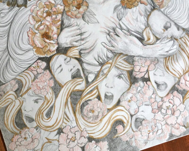 A close up of a drawing, showing hands ripping away fabric with creepy faces and flowers.