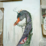 Watercolour painting of a whimsical fox riding a beautiful black swan