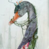 Watercolour painting of a whimsical fox riding a beautiful black swan