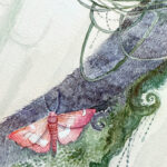 Watercolour painting of a whimsical fox riding a beautiful black swan