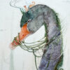 Watercolour painting of a whimsical fox riding a beautiful black swan