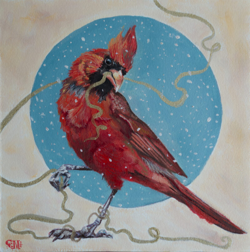 Original oil painting by Catherine Moore depicting a red cardinal holding a gold string against a circular shape of blue with snow falling