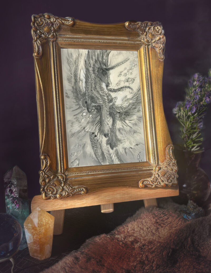 framed winged kelpie drawing