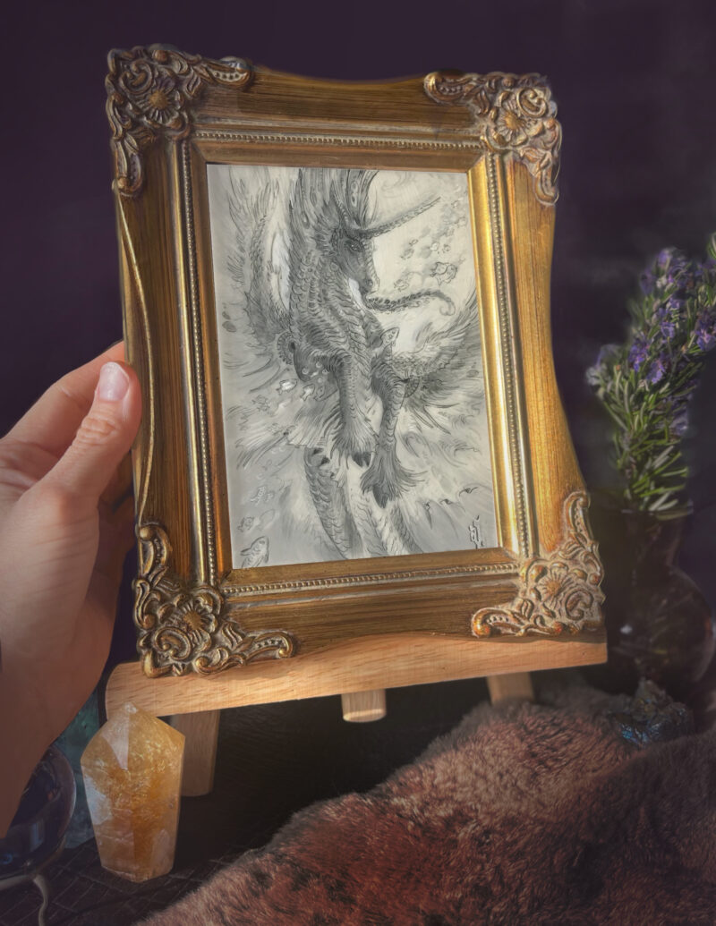 framed winged kelpie drawing