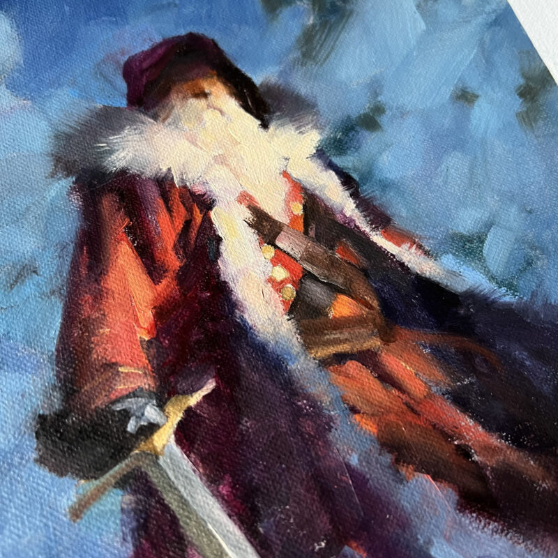 Close up of Santa Claus with a sword.