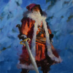 A photo of Santa Claus in classic red suit holding a large sword. Blue-white snowy tress behind him.