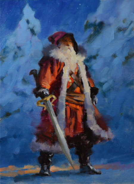 A photo of Santa Claus in classic red suit holding a large sword. Blue-white snowy tress behind him.