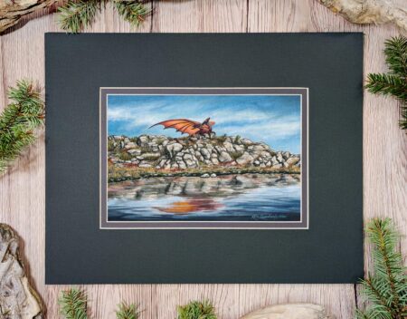 Matted painting of a red dragon laying on a pile of rocks above water. She lifts her chin up proudly as if she owns the place