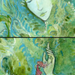 Close up images of the woman's pale face, and the girl in the red dress.