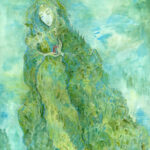 Green painting of a woman that is made of the woods. In her hands, a red dressed girl stands peering up at her.
