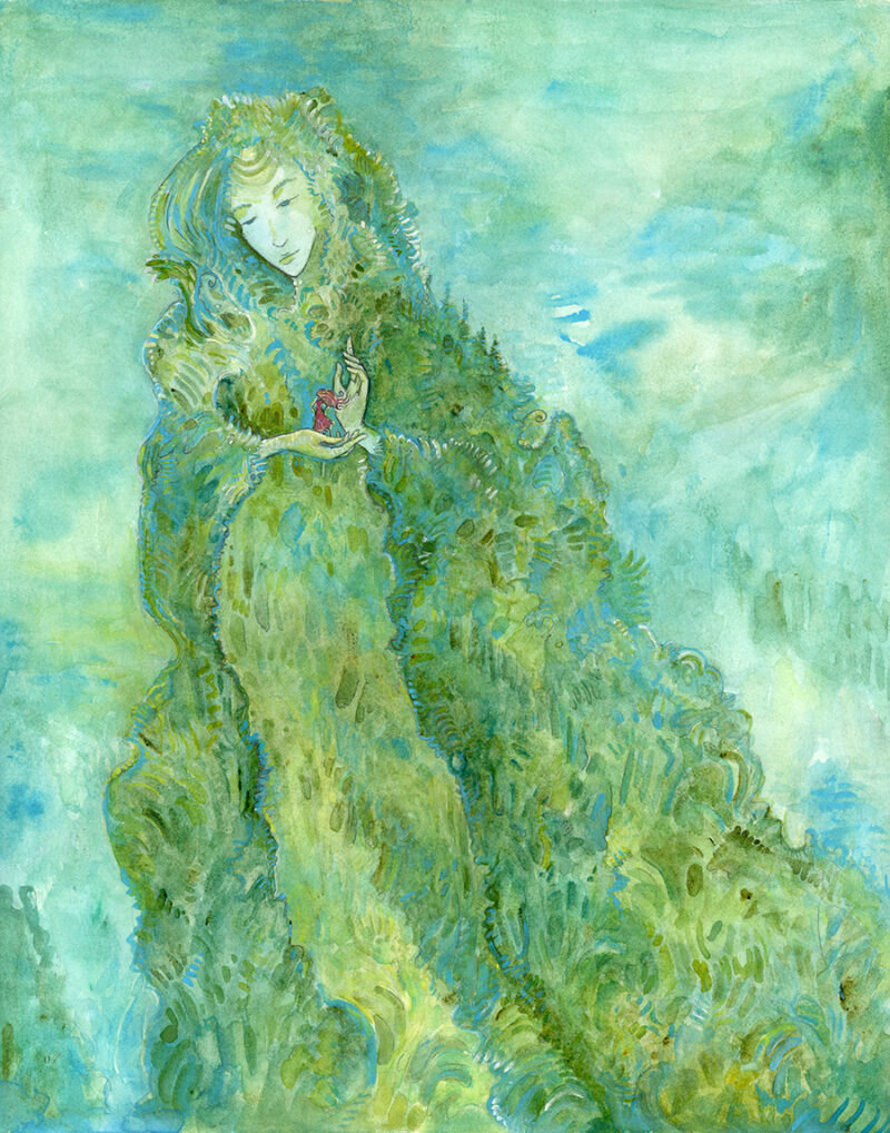 Green painting of a woman that is made of the woods. In her hands, a red dressed girl stands peering up at her.