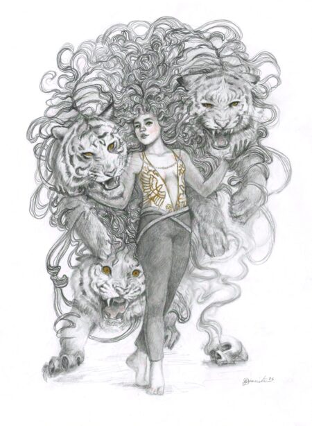 Drawing of a female representing person with tigers coming out of her hair.