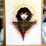 mixed media portrait of an elf woman with a spiky halo of gold, black clothing with gold brush strokes all through it.